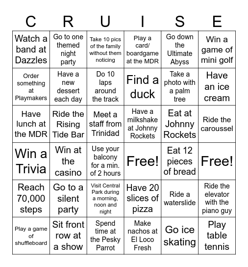 Allure of The Seas Bingo Card