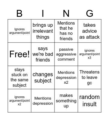 Teal Argument Bingo Card