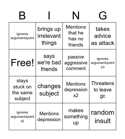 Teal Argument Bingo Card