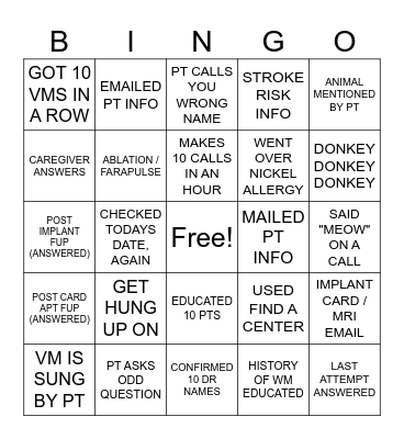Core Team Calls Bingo Card