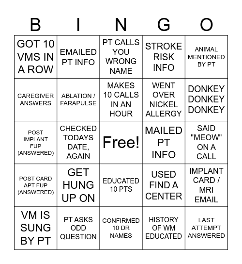 Core Team Calls Bingo Card