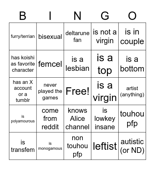 TGK newcomer (offensive one) bingo Card