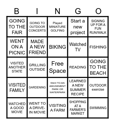 Summer Activities Bingo Card