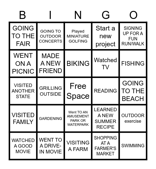 Summer Activities Bingo Card