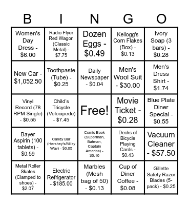 1940s PRICES BINGO Card