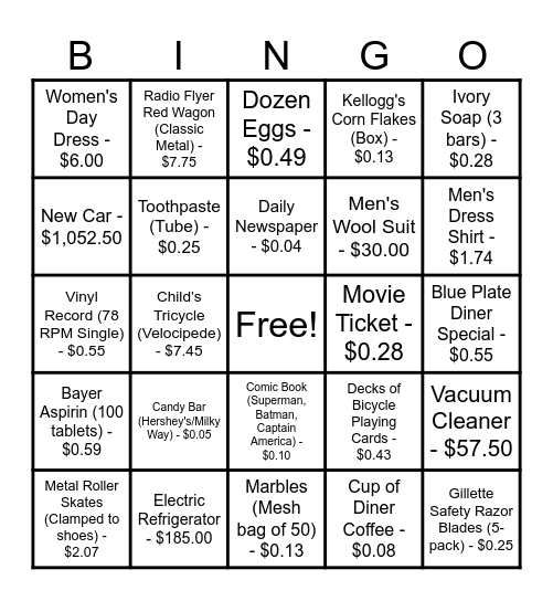 1940s PRICES BINGO Card