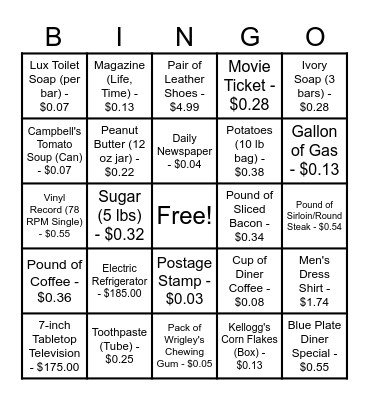 1940s PRICES BINGO Card
