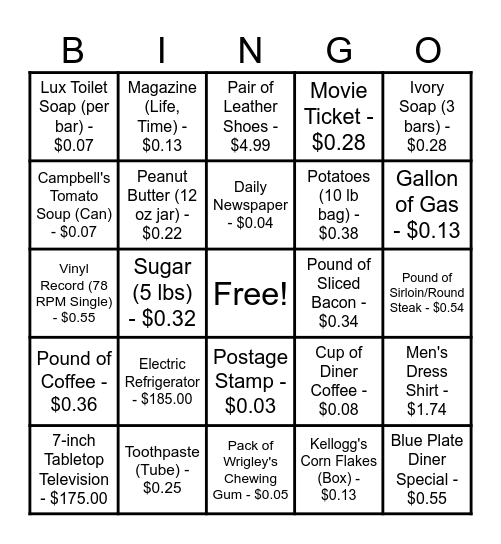 1940s PRICES BINGO Card