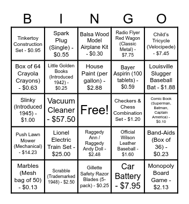 1940s PRICES BINGO Card