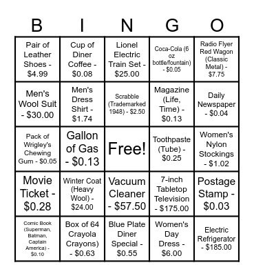 1940s PRICES BINGO Card