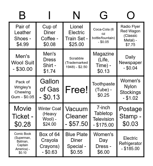 1940s PRICES BINGO Card