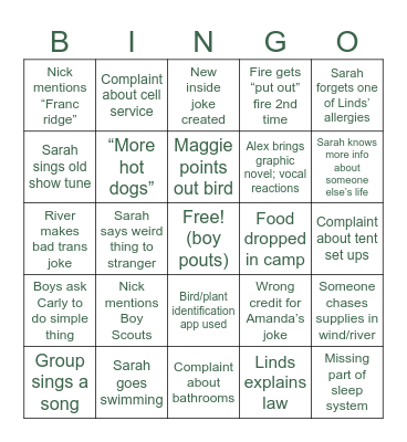 Camping Bingo Card