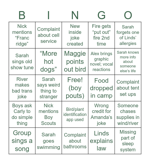 Camping Bingo Card