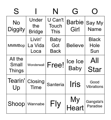 90's Singo Bingo Card