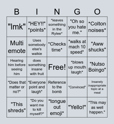 Colton Bingo Card