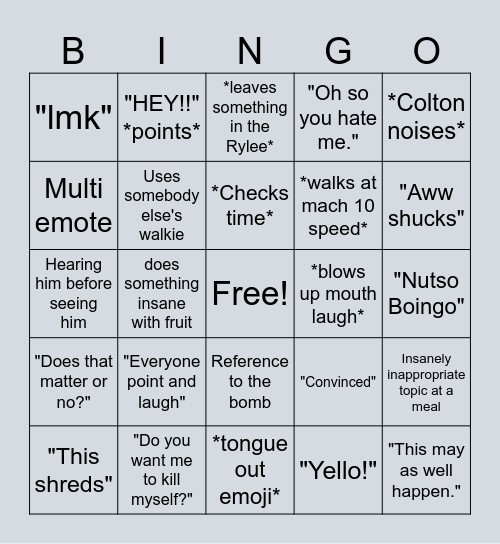 Colton Bingo Card