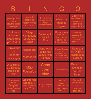 Evil Dead Burn Bingo Card
