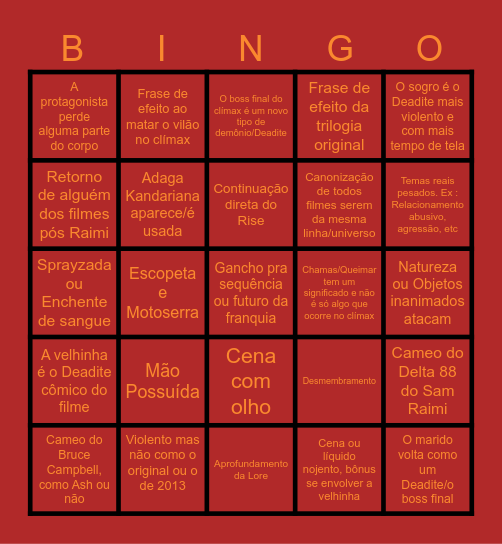 Evil Dead Burn Bingo Card
