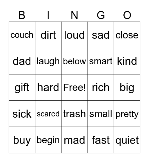 Synonyms Bingo Card