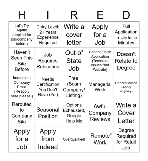 Job Search Bingo Card