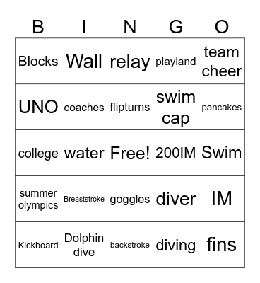 Swim and Dive Team Bingo Card