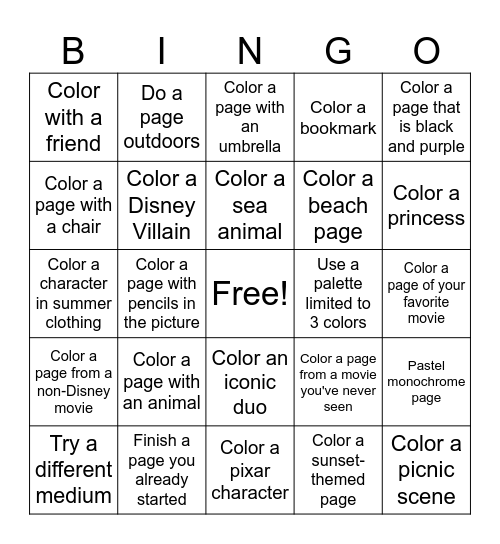 Summer Coloring BINGO Card