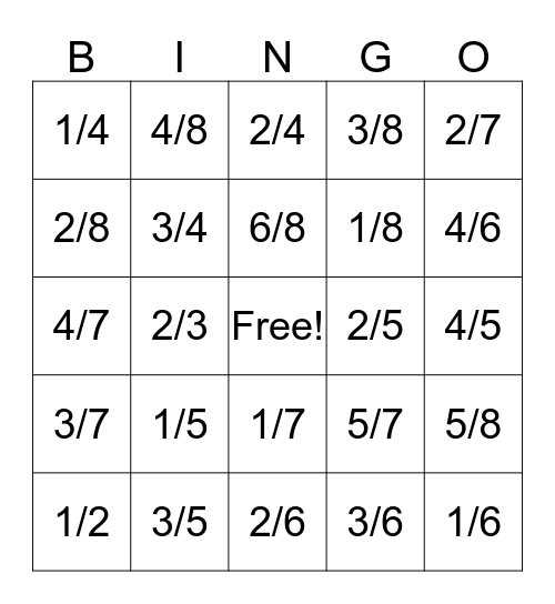 Fraction Bingo Card