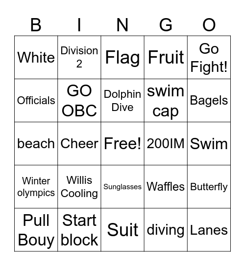 Swim and Dive Team Bingo Card