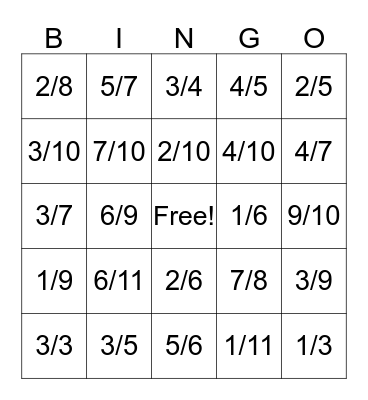 Fraction Bingo Card