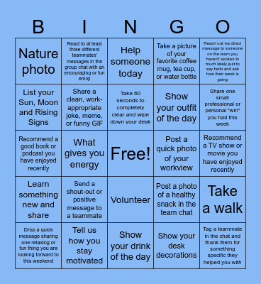 Lets Get Active! Bingo Card