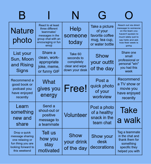 Lets Get Active! Bingo Card