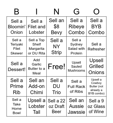 Outback Steakhouse Garland Bingo Card
