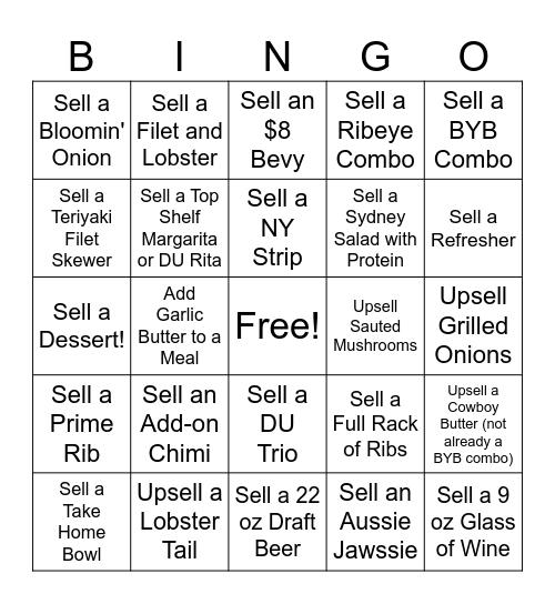 Outback Steakhouse Garland Bingo Card
