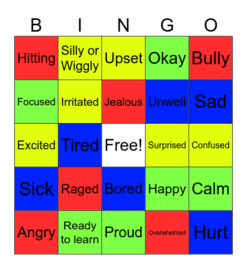 Zones of Regulation Bingo Card
