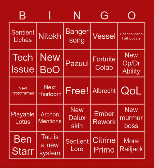Tennocon 2026 Bingo Card
