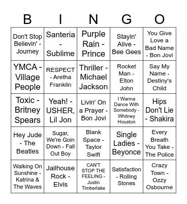 Greatest Hits Bingo Card