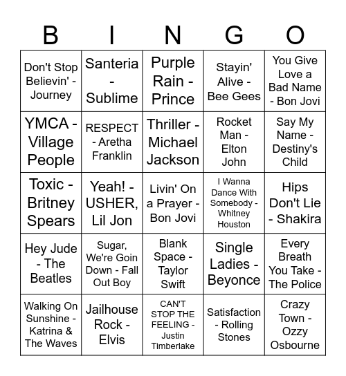 Greatest Hits Bingo Card