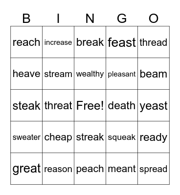ee vowel team Bingo Card