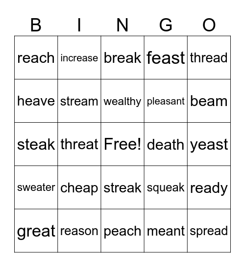 ee vowel team Bingo Card
