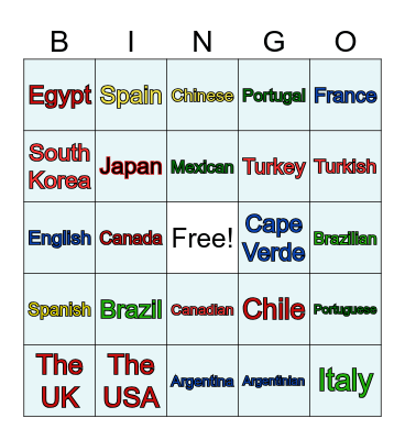 Countries and Nationalities Bingo Card