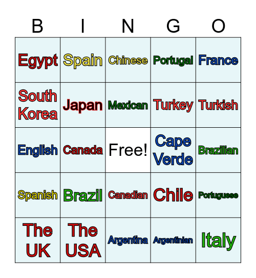 Countries and Nationalities Bingo Card