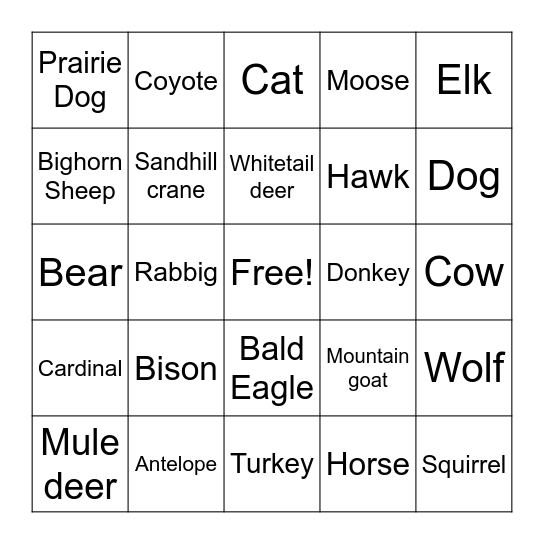 ANIMAL BINGO Card