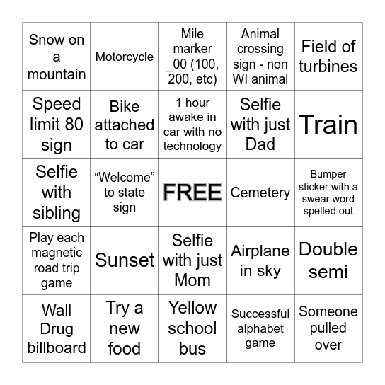 ROAD TRIP BINGO Card