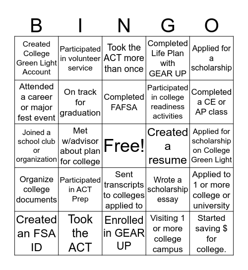 GEAR UP for College! Bingo Card