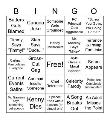 South Park Bingo Card