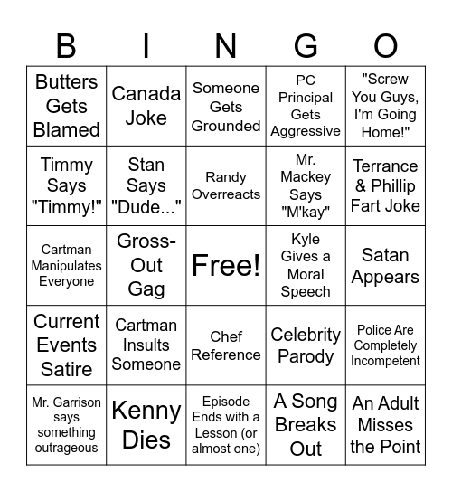 South Park Bingo Card