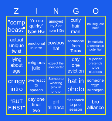 Big Brother 28 Bingo Card