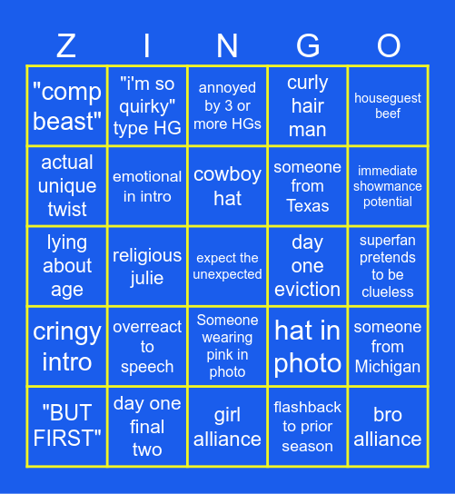 Big Brother 28 Bingo Card