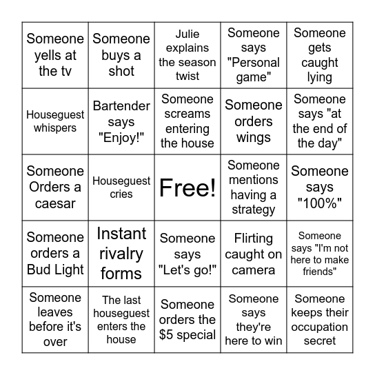 McRay's Big Brother BINGO Card