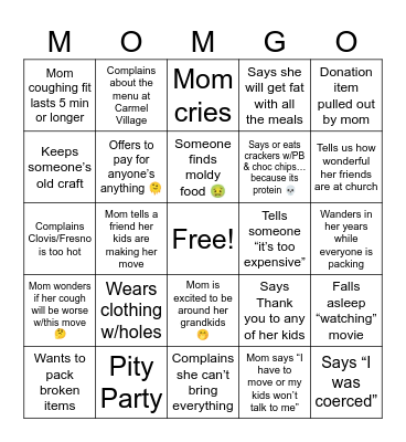 Mom Bingo Card